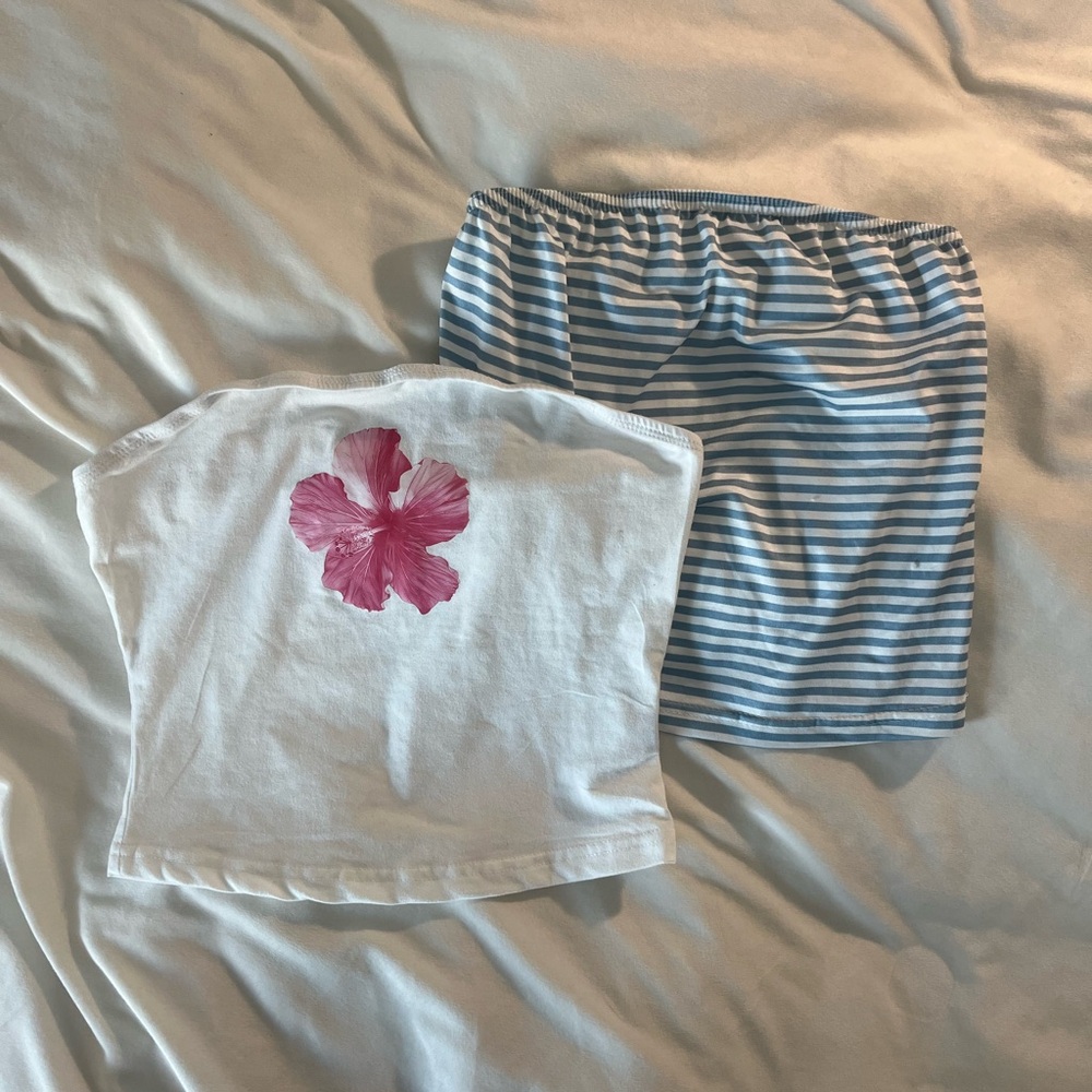 Striped Blue and Floral White Top Set